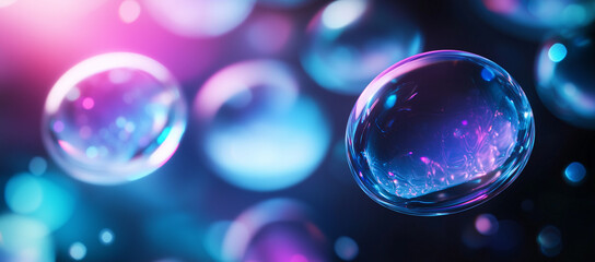 A background of soft, glowing blue and purple lights illuminates multiple clear contact lenses on the right side of an abstract dark surface