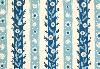Pale Blue and White Linocut Print, Seamless Vertical Stripes, Floral Border Design, Boho Aesthetic, Block Print Illustration, Leaves and Flowers Pattern, Textile Background.

