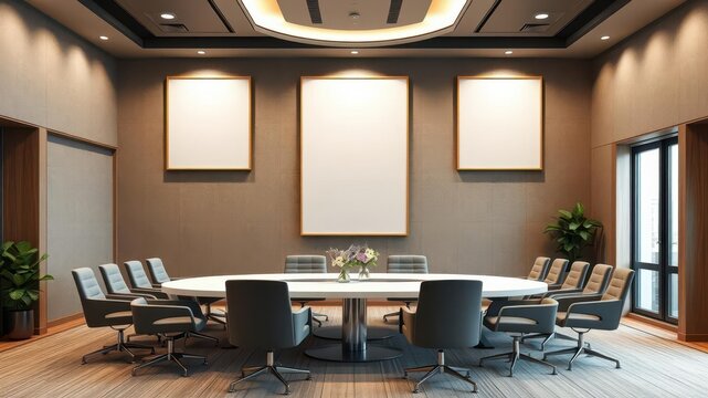 A modern office conference room with a customizable wall art mockup template, aesthetic, meeting room, customizable