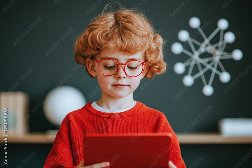 Poster personalized learning concepts. child in glasses using a tablet in a cozy, modern space.