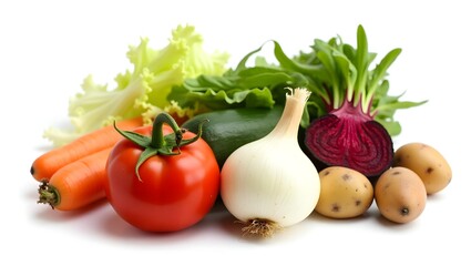 Brightly colored fresh raw vegetables isolated on a clean white background.