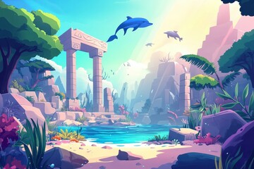 Dolphins soar above ancient ruins near a tranquil ocean