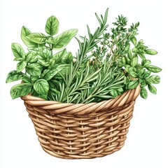 Naklejka premium Fresh Green Herbs in Woven Basket Featuring Basil, Rosemary, Thyme, Oregano and Other Culinary Botanicals