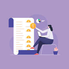 Young Woman planning budget Expenses and Financial Taxes, Preparing Invoice on laptop. Financial accounting Report