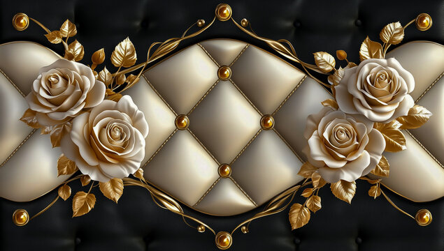Vector illustration of a 3D luxury wall frame featuring a quilt pattern and roses in a symmetrical design on a dark background. - Powered by Adobe