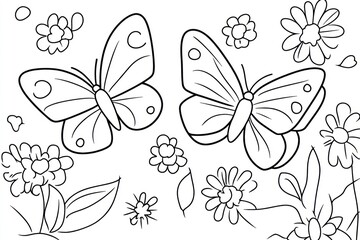 Two butterflies among flowers, nature coloring page, kids activity