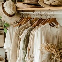 Neutral-toned clothing hanging in a closet.