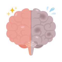 キレイな脳半分と汚れた脳半分のイラスト