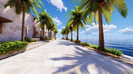 Scenic Coastal Pathway with Palm Trees and Vibrant Blue Sky