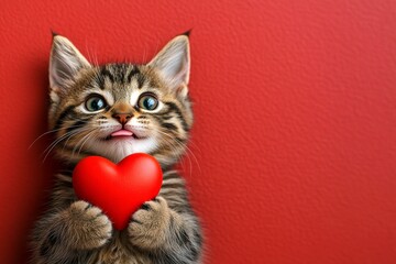 Digital ads visual idea art. Cute havana brown kitty with furry friend toy red heart - sign of love, funny greeting card. Havana brown - my preferred cat. Kitten gift idea. Love and animals.