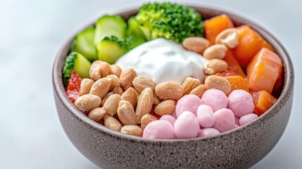 Healthy vegetable and nut bowl, close-up shot, light background, ideal for healthy eating blogs