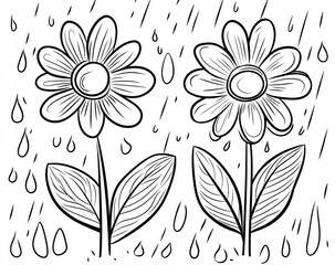 Raining on daisies, garden, nature, spring, coloring book page