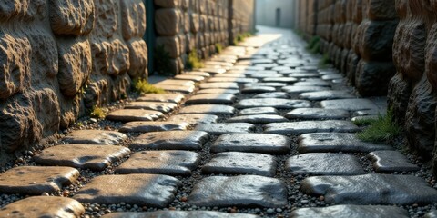Sunlit Cobblestone Path Between Stone Walls A Detailed View of a Rustic Roadway