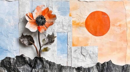 Fototapeta premium Orange Flower Against Textured Background with Sun and Mountains