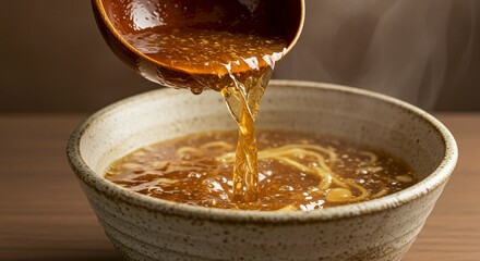 Delicious Hot Broth Pouring into Ramen Bowl Asian Cuisine