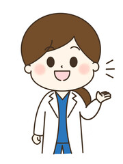 話をする白衣を着た女性のゆるかわイラスト