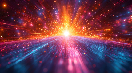 A colorful galaxy with a bright sun in the center. The sun is surrounded by a large number of stars and planets. The scene is full of energy and excitement, with the sun shining brightly