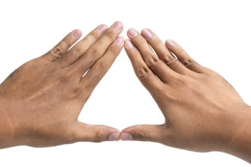 close up of male hands showing triangle shape isolated on white background