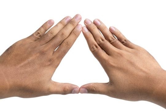 close up of male hands showing triangle shape isolated on white background