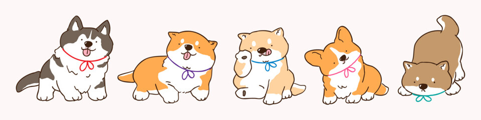 Vector Illustration of Cute Cartoon Puppy Characters on Isolated Background. Hand Drawn Vector Illustration.