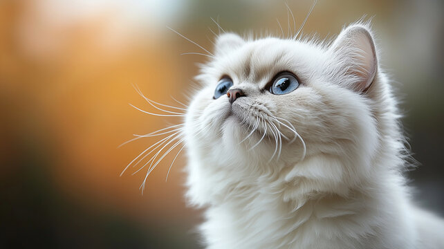 Fluffy white cat with blue eyes gazing upwards, showcasing its whiskers and soft fur. warm background adds serene atmosphere to scene
