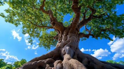 Majestic Tree with Wide Roots and Lush Green Foliage Under Blue Sky