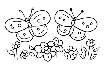 Two butterflies above flowers, coloring page, nature scene, children's activity