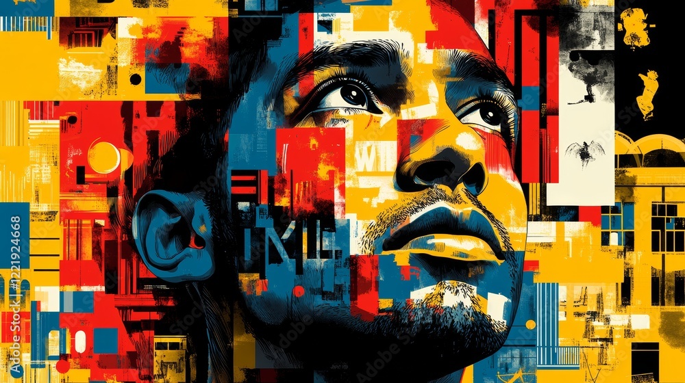 Poster abstract portrait of a man with geometric and expressive colors, creating a modern and artistic styl