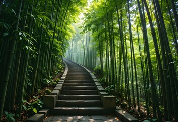 Obraz premium Stone Steps Winding Through a Verdant Bamboo Forest,