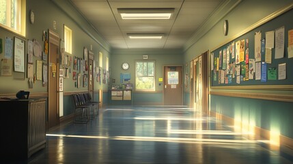 Fototapeta premium Sunlit School Hallway: A Serene Morning in Education