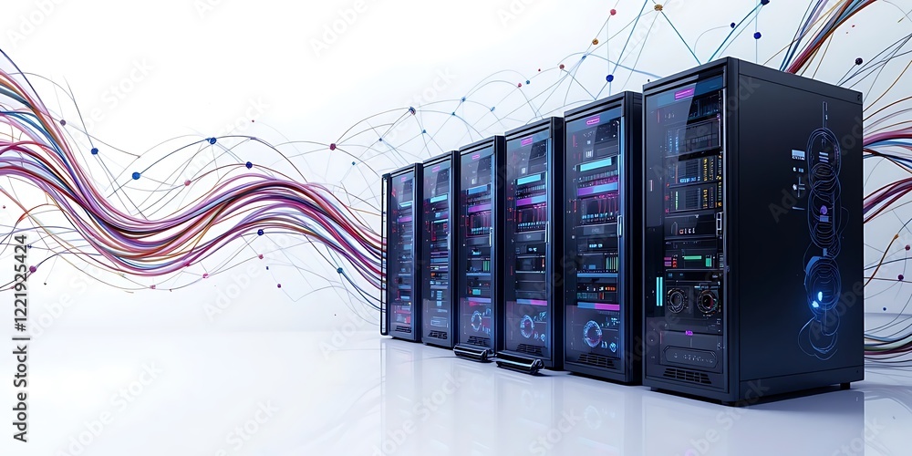 Poster network servers connected by data streams flowing