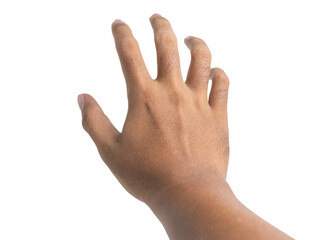 male hand reaching, holding or grabbing something isolated on white background
