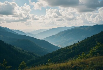 Obraz premium A Breathtaking View of Mountain Ranges with Dramatic Clouds Casting Shadows Across the Slopes