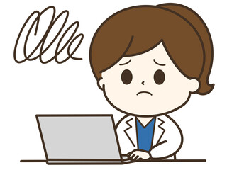 パソコンの前でもやもやする白衣の女性のゆるかわイラスト
