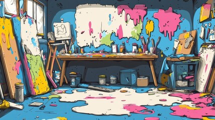 Messy Artists Studio Colorful Paint Splatter Chaos