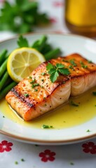Pan-seared salmon fillet with lemon butter and parsley, white tablecloth, holiday plate