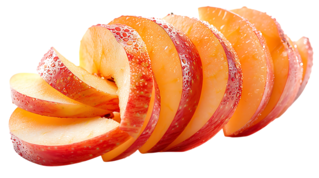 Sliced apple peel curled into a swirl on a transparent or white background.