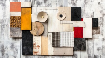 Abstract Composition of Textured Wooden Panels and Geometric Shapes