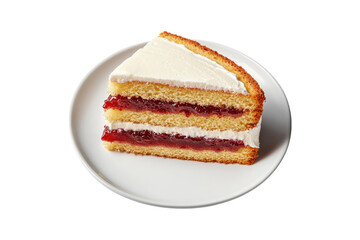 Sponge cake slice with cream and jam in white plate isolated on white or transparent, PNG