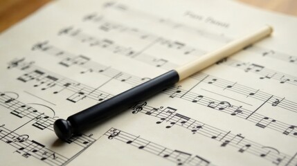 A conductor's baton rests gently on musical sheet music, a silent moment before the symphony begins