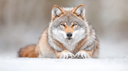 Obraz premium Majestic wolf resting in snowy winter forest; wildlife nature photography for websites, posters