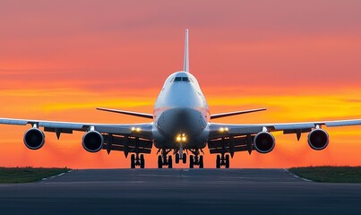 Obraz premium Jumbo jet taxiing on runway at sunset