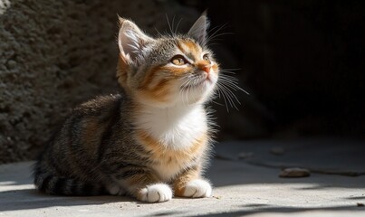 Kitten basking in sunlight, looking up curiously in a dark corner