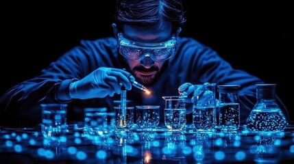 Scientist in a dark lab coats conducting chemical experiments with blue lighting effects