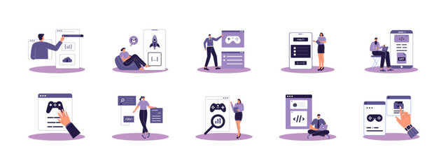 App and Game Development set illustration. Flat vector illustration.