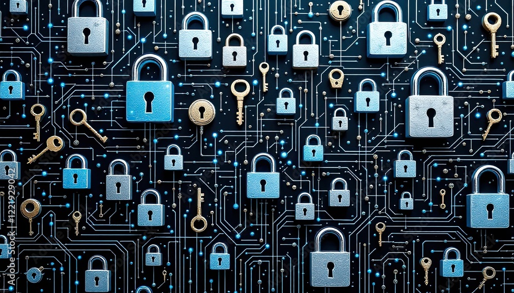 Poster digital security concept: blue locks and keys on circuit board background