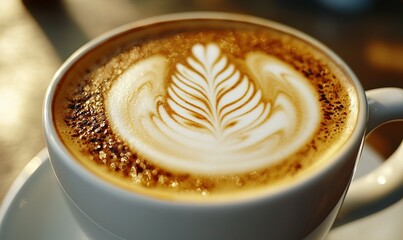 Latte art in a cafe, close-up of foam design, warm sunlight