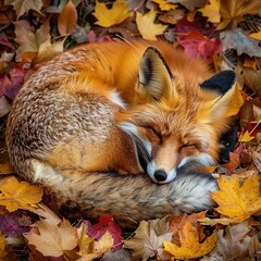 Fototapeta premium Red fox curled asleep in autumn leaves.