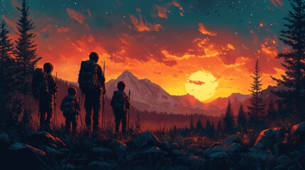Fototapeta premium A group of hikers silhouetted against a vibrant sunset in the mountains enjoying an outdoor adventure