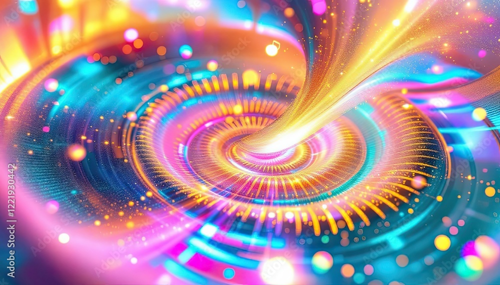 Poster vivid colorful swirl with dynamic light trails and abstract circular patterns